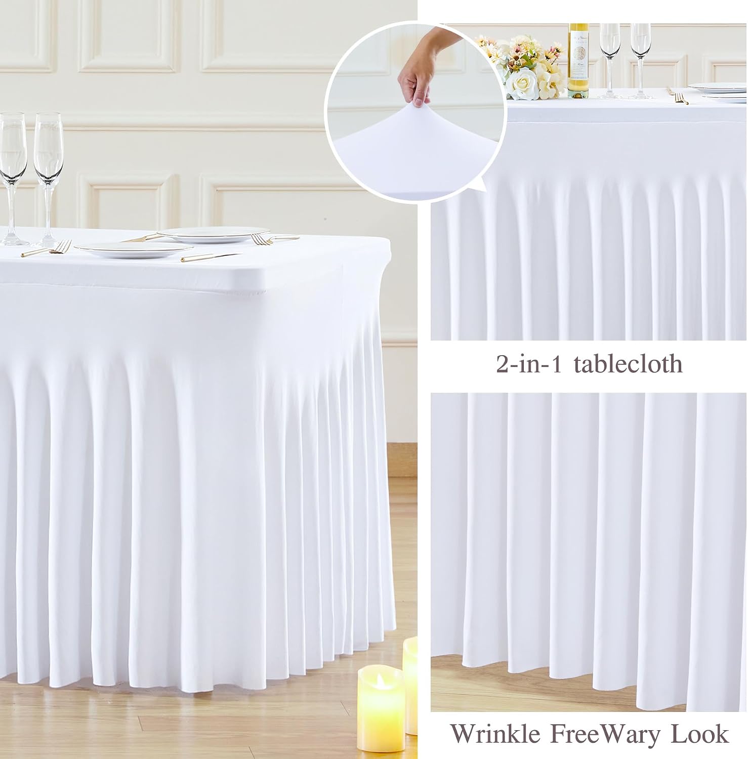 White Table Cloth for 8 Foot Rectangle Tables Fitted Stretch Spandex Table Cover with Skirt 8ft Baby Shower Birthday Party Banquet Ruffle Tablecloth Wedding Table Cloths Desk Skirt, 6 Pack