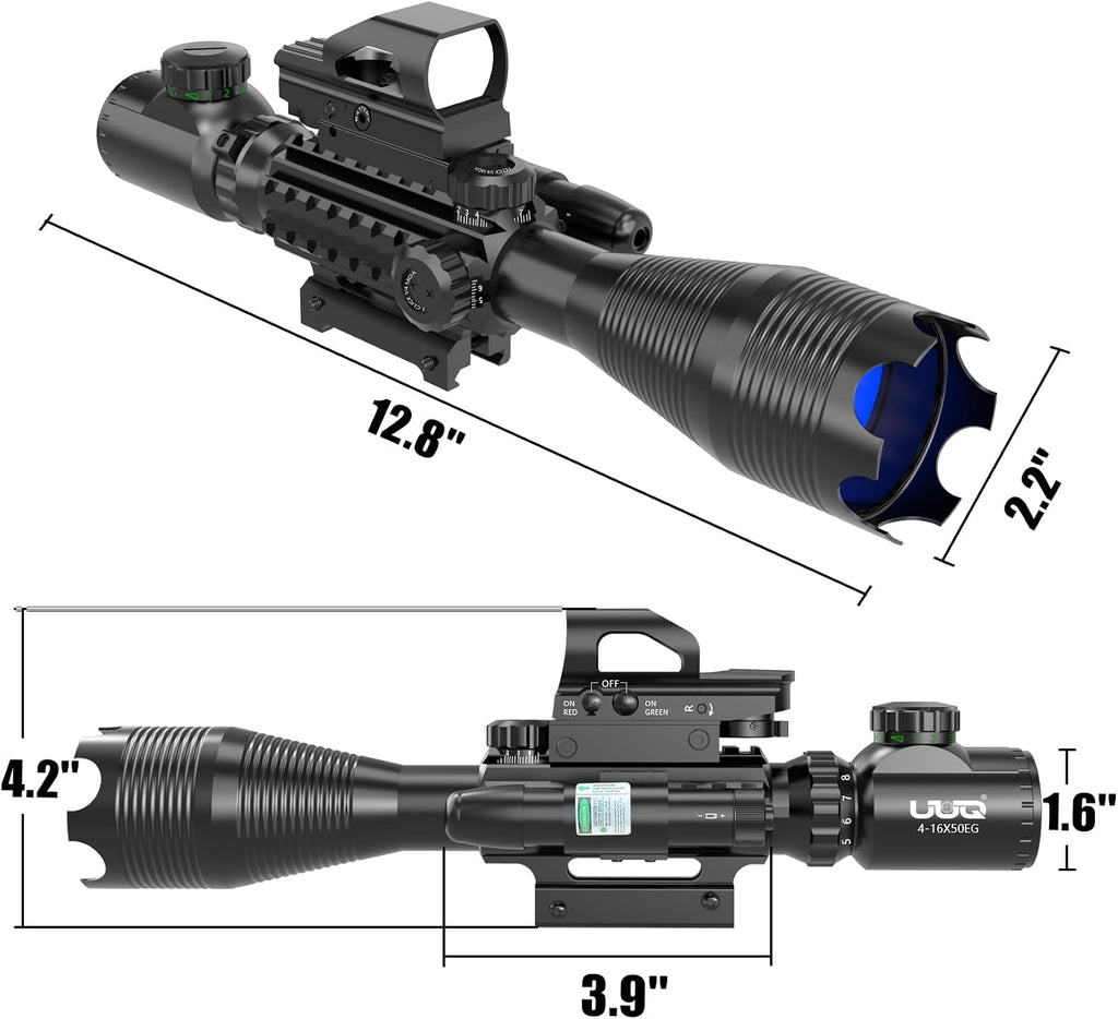 UUQ 4-16x50 Tactical Rifle Scope Red/Green Illuminated Range Finder Reticle W/Laser Sight and Holographic Reflex Dot Sight