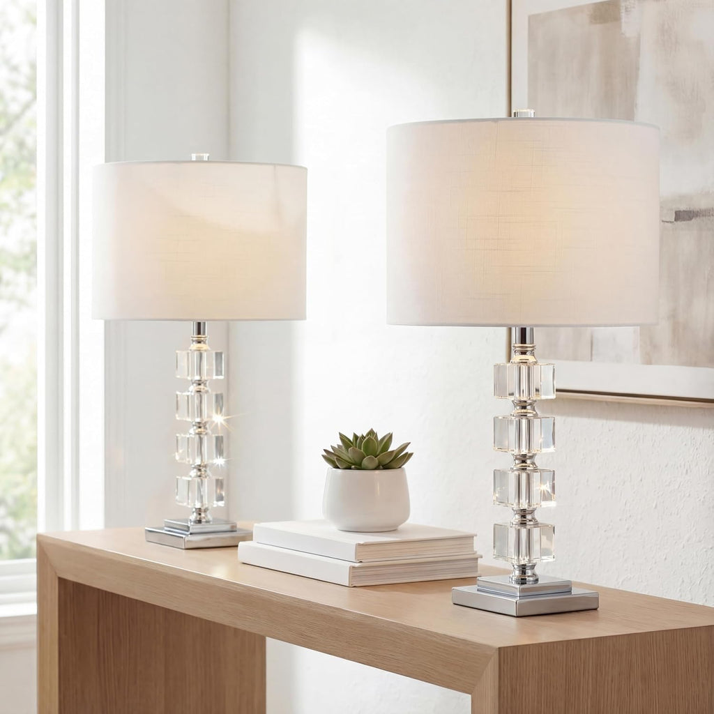 JONATHAN Y 22' Clear Crystal and Chrome Stacked Cube Table Lamp Set of 2, Glam Contemporary Nightstand Lamps with White Linen Drum Shade, LED Bulbs Included JYL5040A-SET2