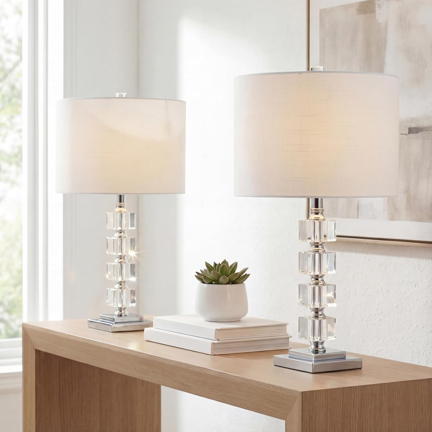 JONATHAN Y 22' Clear Crystal and Chrome Stacked Cube Table Lamp Set of 2, Glam Contemporary Nightstand Lamps with White Linen Drum Shade, LED Bulbs Included JYL5040A-SET2