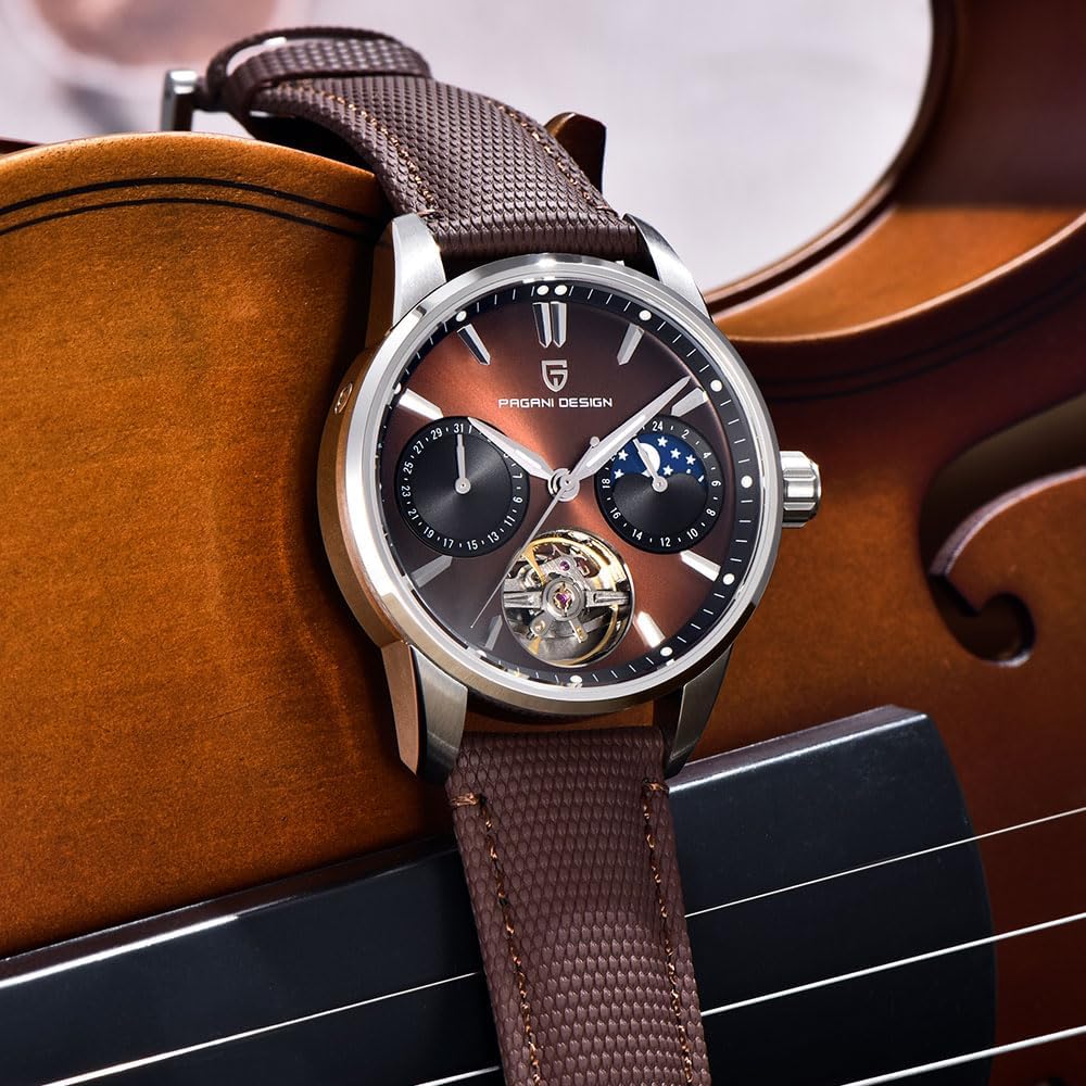 Pagani Design Luxury Men's Automatic Watch Skeleton Tourbillon Moon Phase Stainless Steel 100m Waterproof Leather Strap Men's Mechanical Watch