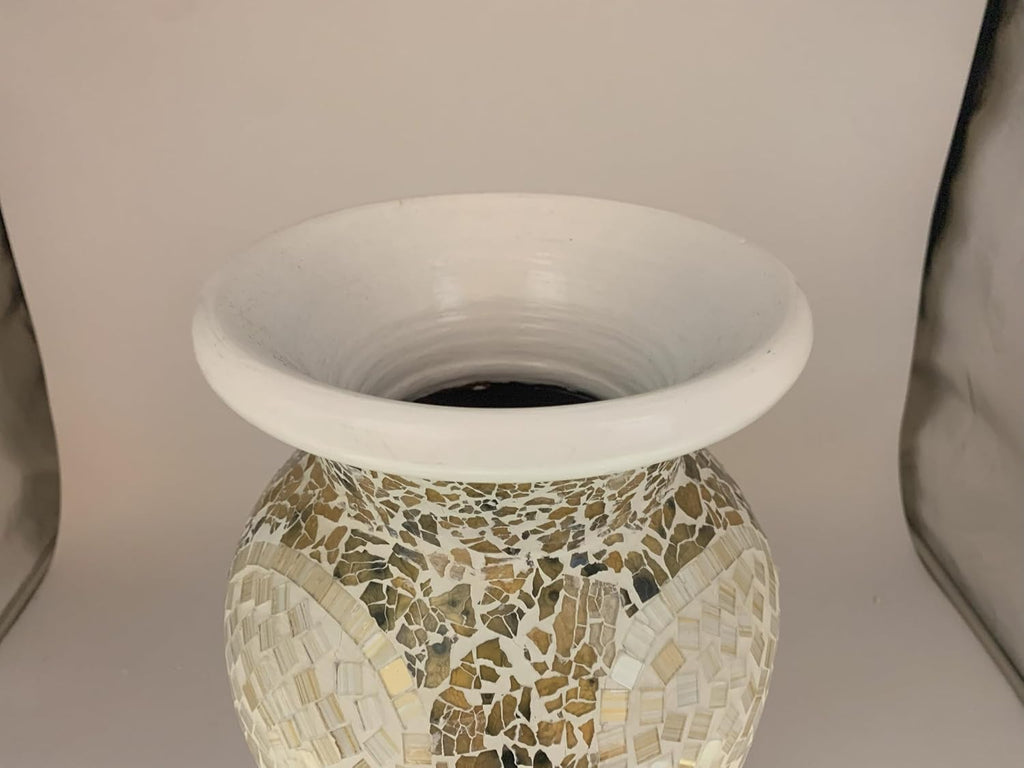 Floor Vase, 18 Inch Mosaic Vase – Tall Cylinder Made of Terracotta with Light Caramel and White Glass Mosaic Pieces – Handcrafted Decorative Home Décor Accent Piece for Bedroom, Living Room