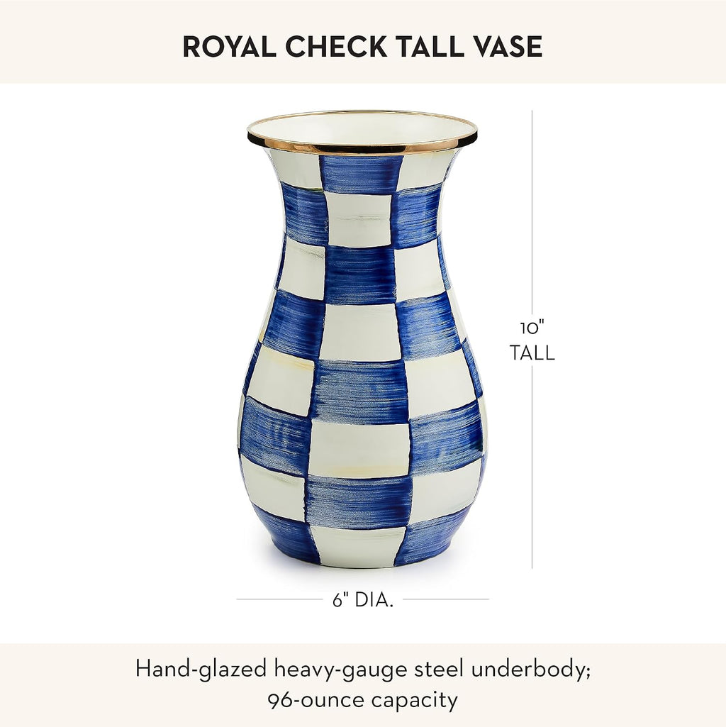 MACKENZIE-CHILDS Tall Enamel Vase, Unique Flower Vase, Decorative Table Decor for Living Room, Blue-and-White Royal Check
