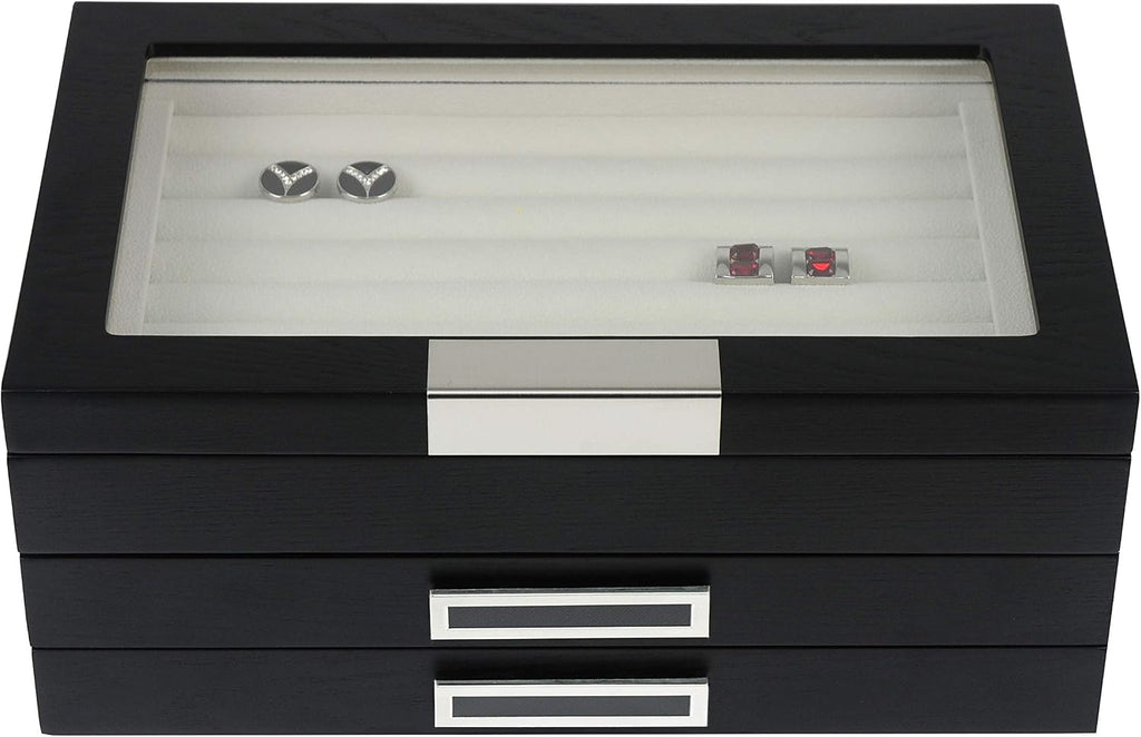 TIMELYBUYS Black Ebony Wood Cufflink Case & Ring Storage Organizer with Stainless Steel Engravable Design Accent Men's Jewelry Box for 108 Cufflinks
