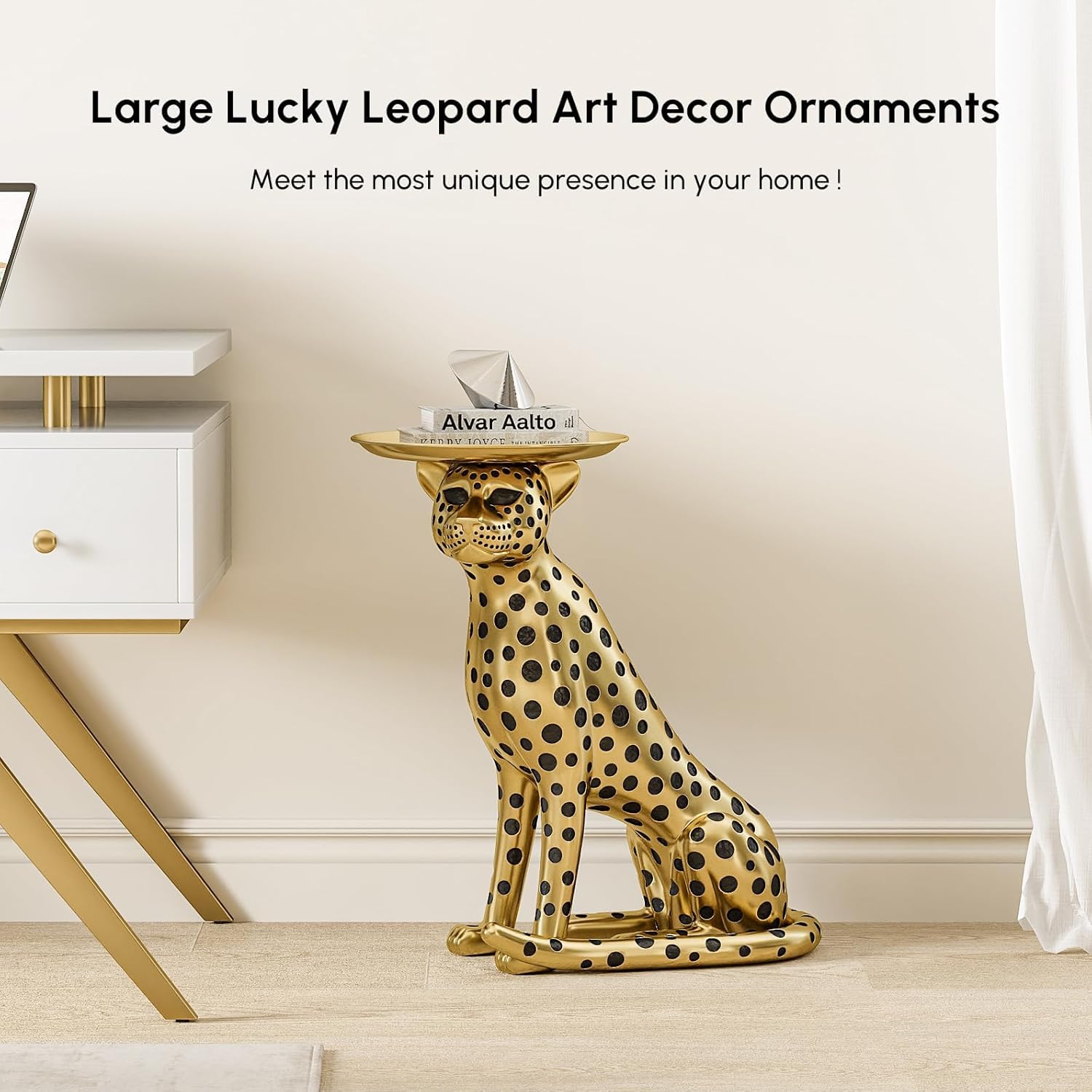 homary Animal Side Table with Tray Top– Gold Leopard Statue Panther Figurine End Table Art Decor for Home & Gifts