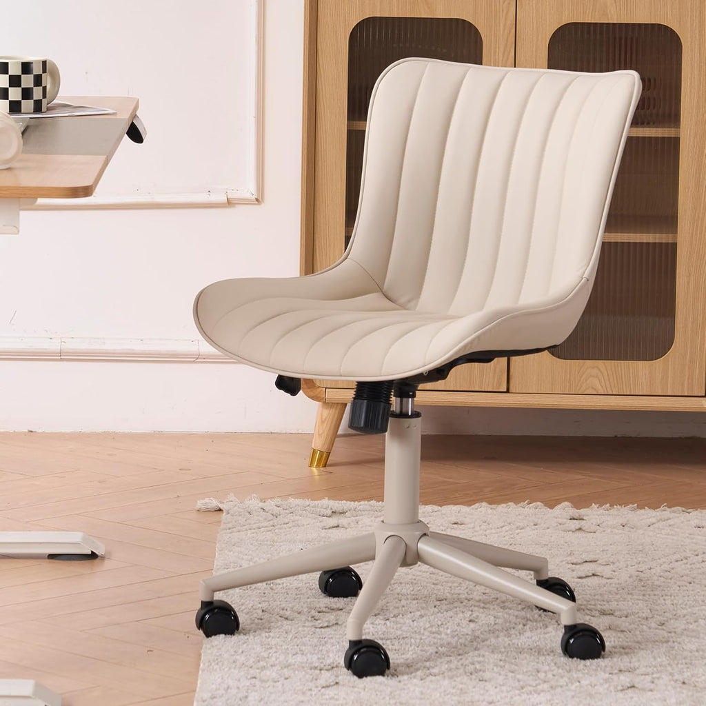 YOUNIKE Home Office Desk Chair with Wheels Armless Vanity Chair with Back Comfy Modern Leather Upholstered Rolling Task Chair Swivel Small Cute Sewing Chair No Arms Wide Adjustable Ergonomic Cream