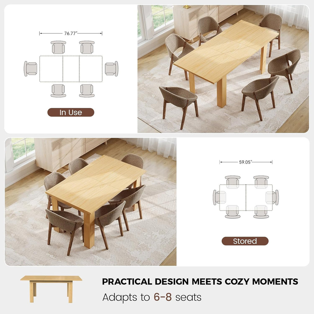 Miereirl 59'–77' Extendable Farmhouse Dining Table for 6–8, Space-Saving Rectangular Kitchen Table with Easy Pull-Out Extension for Family Meals, Work & Everyday Use (Natural)