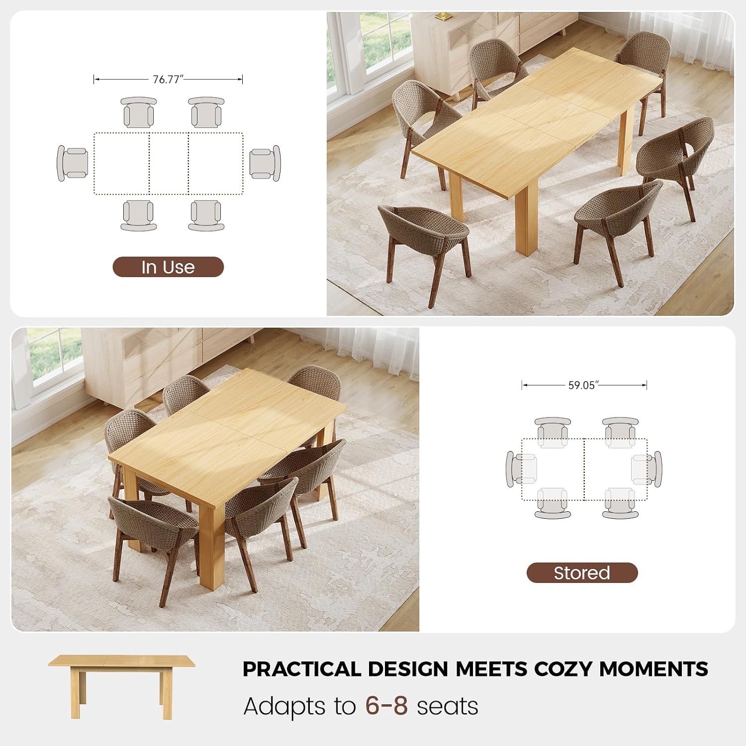 Miereirl 59'–77' Extendable Farmhouse Dining Table for 6–8, Space-Saving Rectangular Kitchen Table with Easy Pull-Out Extension for Family Meals, Work & Everyday Use (Natural)