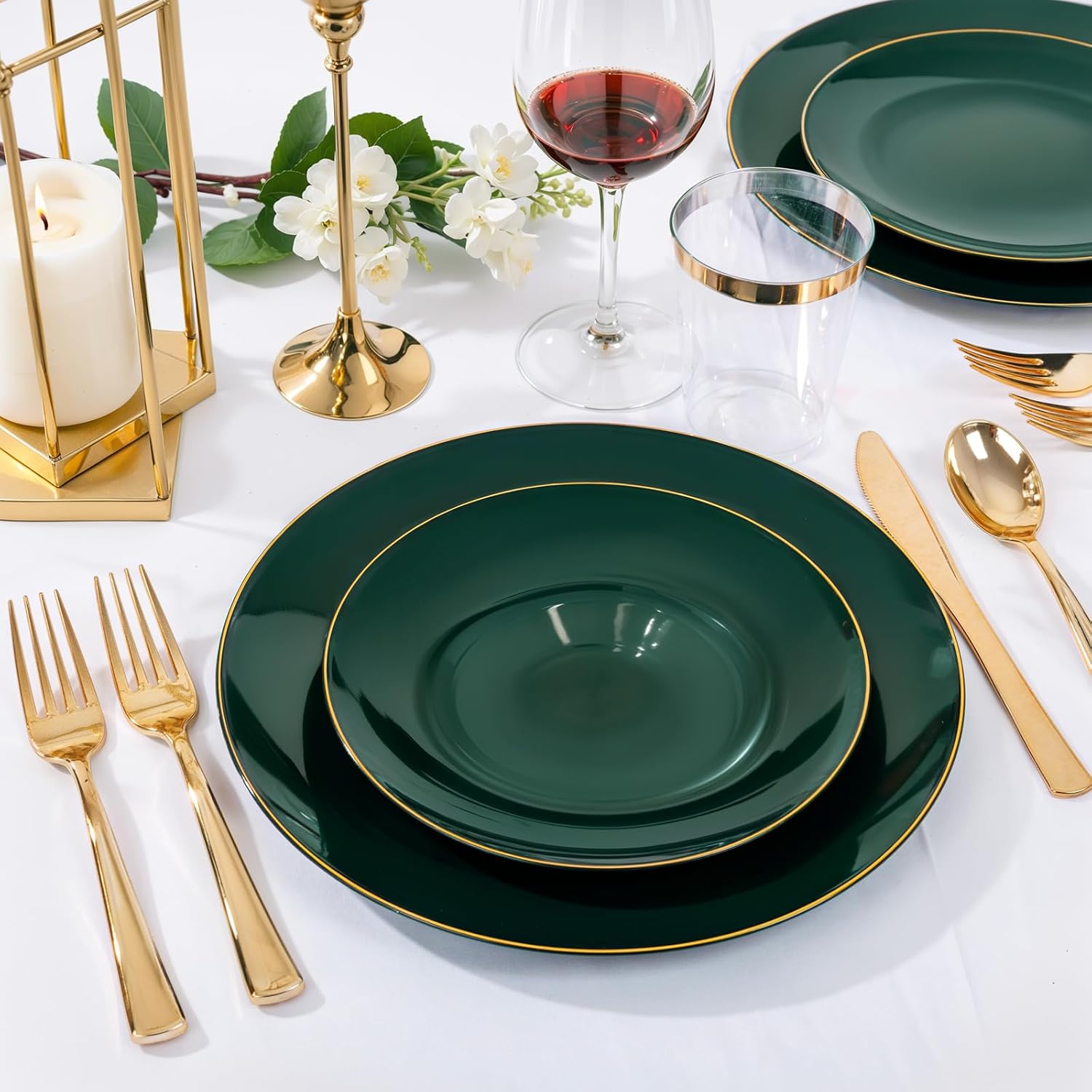 Nervure 100Pcs Green and Gold Plastic Plates - 10.25inch Disposable Green Dinner Plates - Heavy Duty Plastic Plate Ideal for Wedding & Party (Pack of 2)