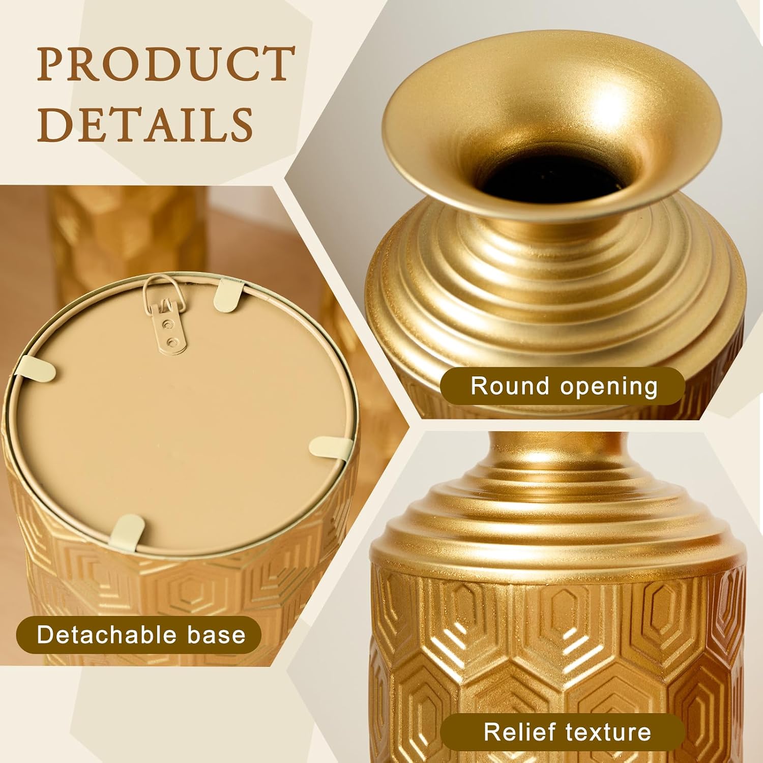 Set of 3 Gold Geometric Metal Floor Vases, 33.46' 25.59' 19.69' Tall Decorative Vase with Honeycomb Texture, Luxury Glam Floor Vase for Living Room, Entryway, Office, Pampas Grass & Dried Flower Decor