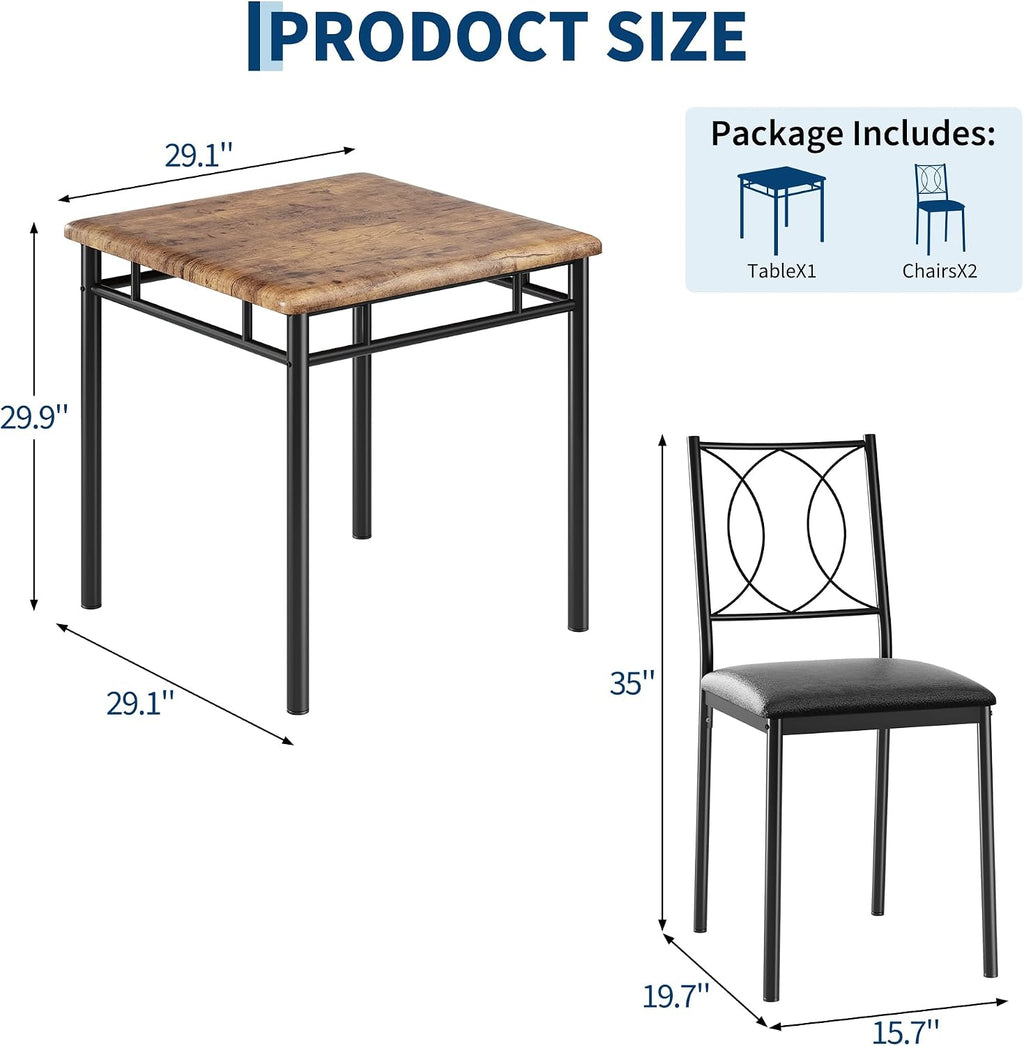Garvee Dining Table Set for 2, Small Kitchen Table with Upholstered Chairs, Farmhouse Wood Dining Table Chairs for Kitchen Room, Small Spaces, Apartment, Brown