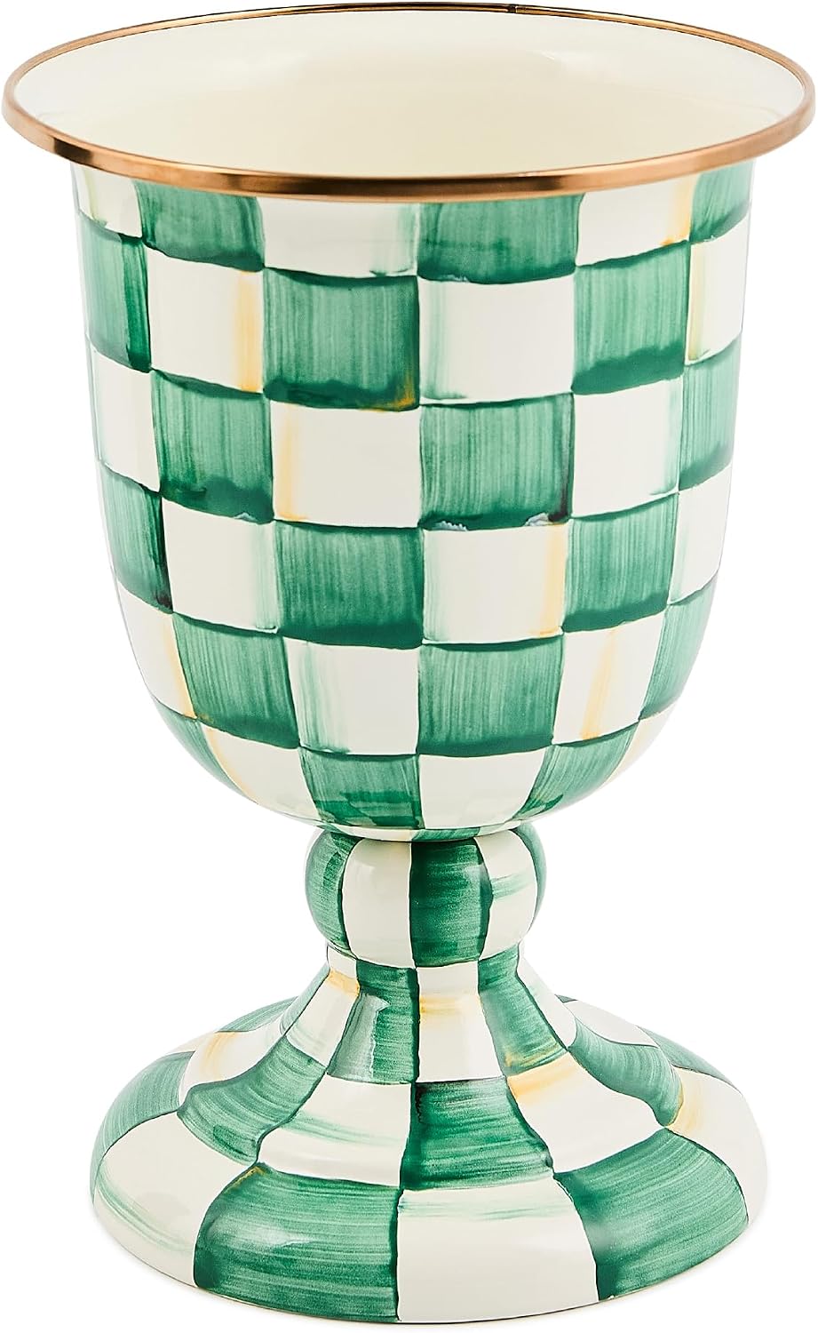 MACKENZIE-CHILDS Pedestal Vase, Decorative Centerpiece and Flower Holder, Green-and-White Emerald Check
