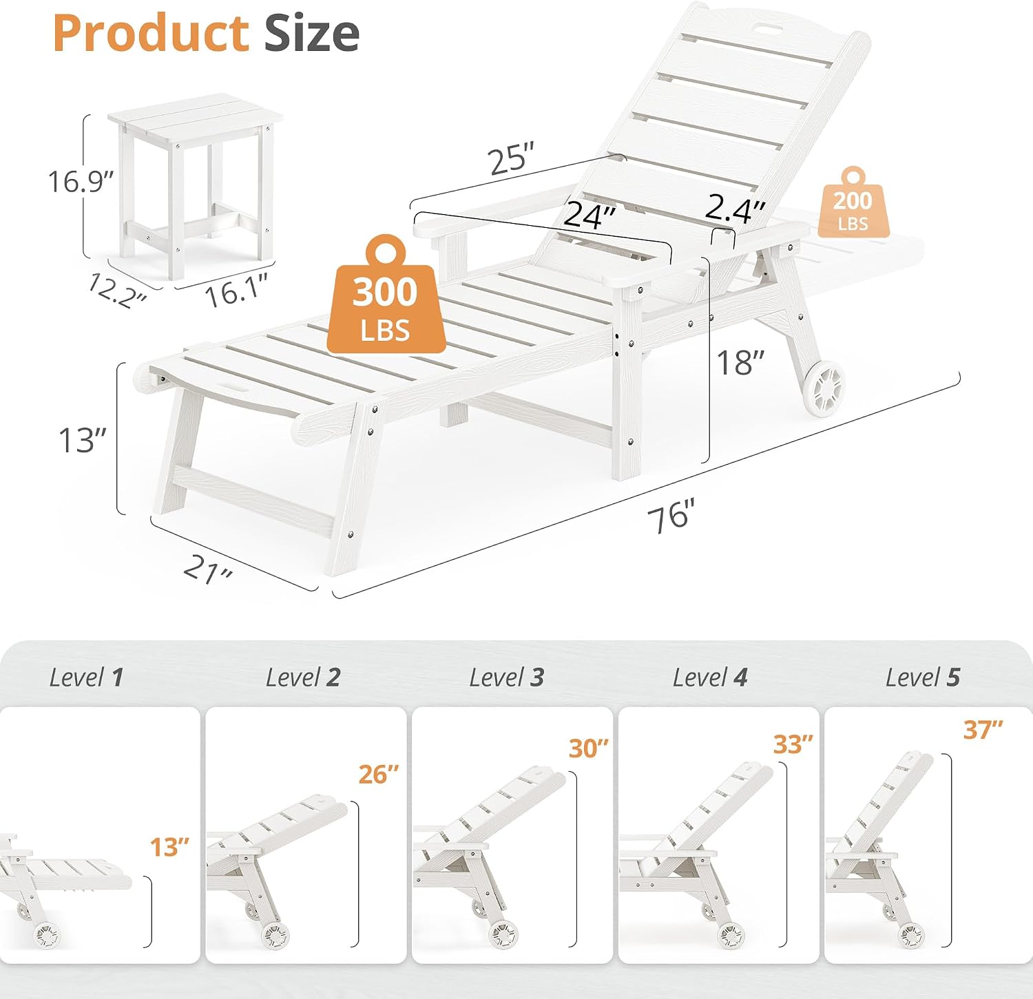 LUE BONA Chaise Lounge Chair with Table, 3-Piece, HDPS Chaise Lounger, 5 Positions Adjustable Lounge Chairs, Pool Lounge Chair with Wheels for Poolside, Backyard, White