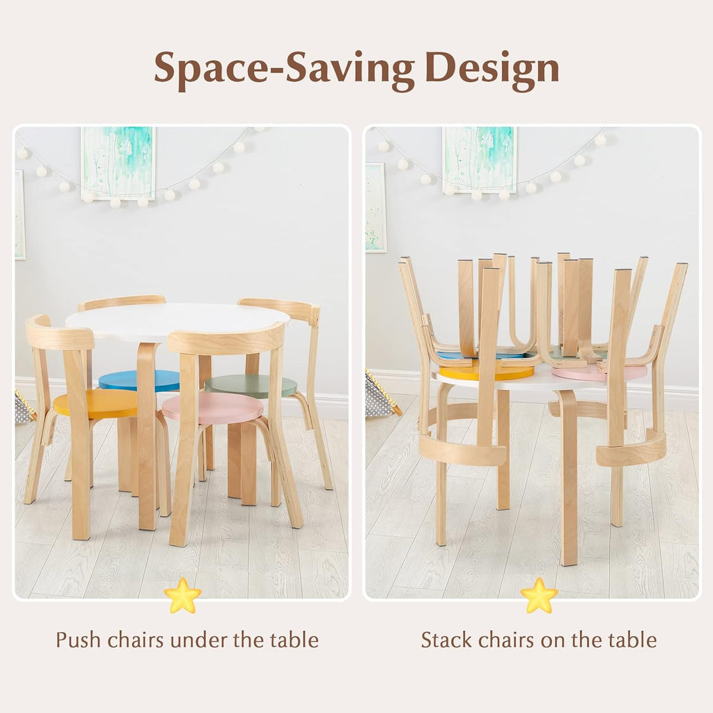 Costzon Kids Table and Chair Set, 5-Piece Wooden Activity Desk Set w/Toy Bricks, Classroom Playroom Daycare Furniture for Playing, Drawing, Reading, Bentwood Toddler Table and Chairs (Assorted)