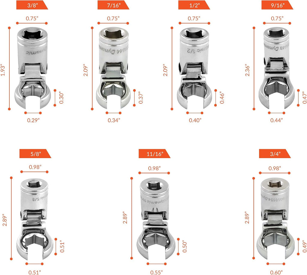 Dynamic 3/8' Drive 17 Piece Metric (10-19 mm) and SAE (3/8' - 3/4') Flare Nut Socket Set