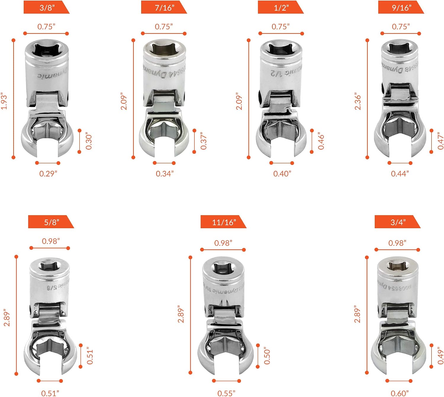 Dynamic 3/8' Drive 17 Piece Metric (10-19 mm) and SAE (3/8' - 3/4') Flare Nut Socket Set