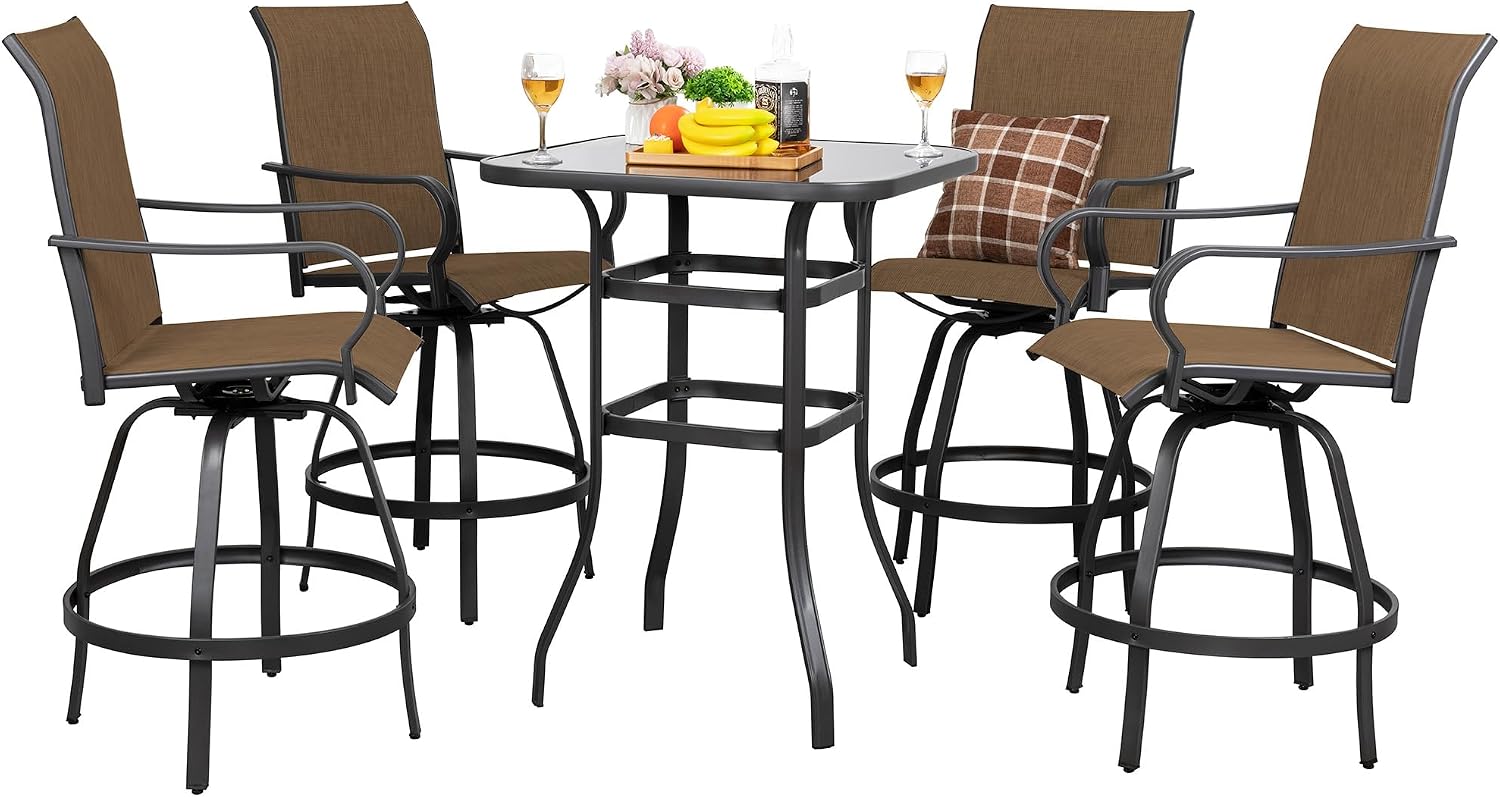 Shintenchi 5 Pieces Outdoor Swivel Bar Set, All Weather Textile Fabric Patio High Bar Stool Bistro Set with 4 Height Back Bar Chairs and Glass Table for Home, Backyard, Garden, Lawn, Porch