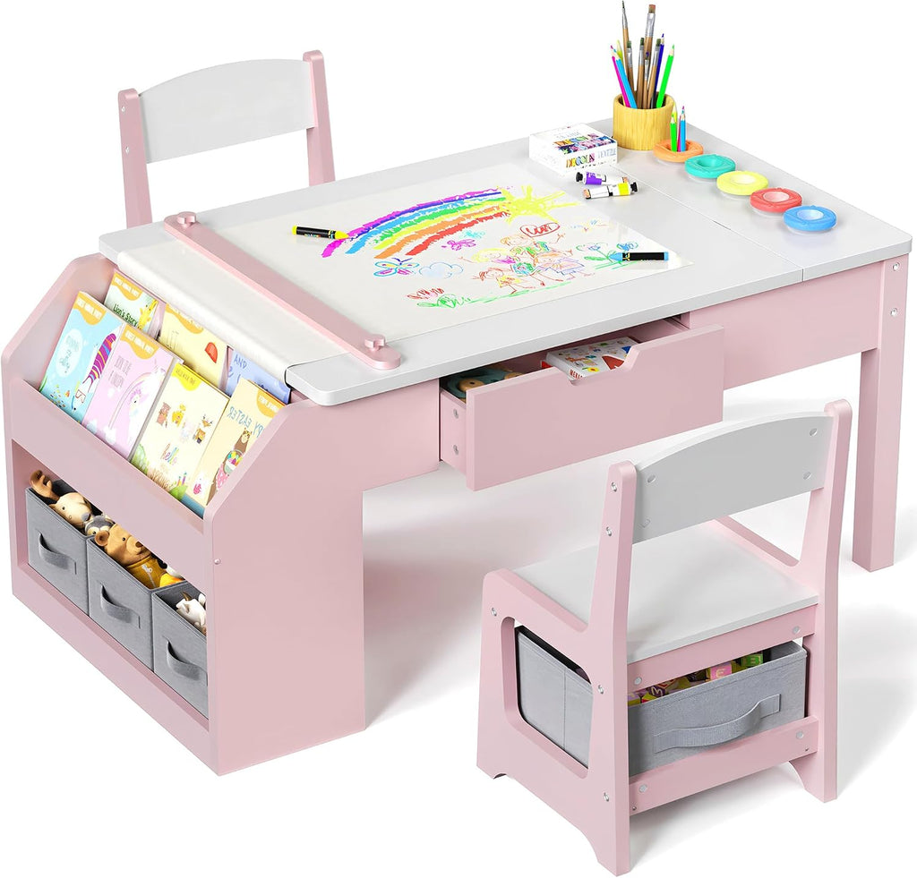 5-in-1 Kids Art Table and Chairs, Wood Toddler Table and Chair Set with Storage Drawers, Craft Play Desk for Kids, Convertible Art Easel with Paper Roll Holder, Children Activity Learning Center-Pink