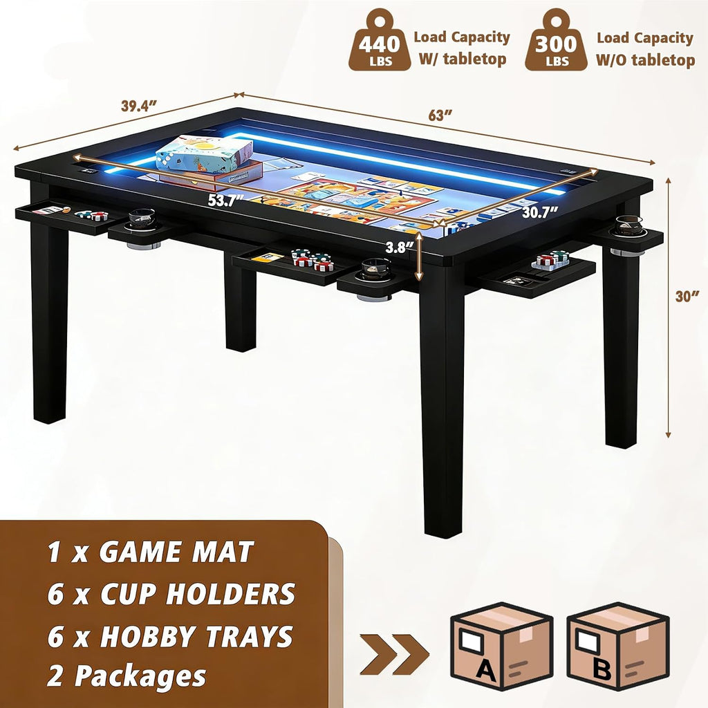 Haddockway Solid Wood Board Game Table with Colorful Led Lights, Dining/Gaming Table for 4-6 Players with Charge Station,Removable Top, Play Mat, 6 Cup Holders & Trays (Black)
