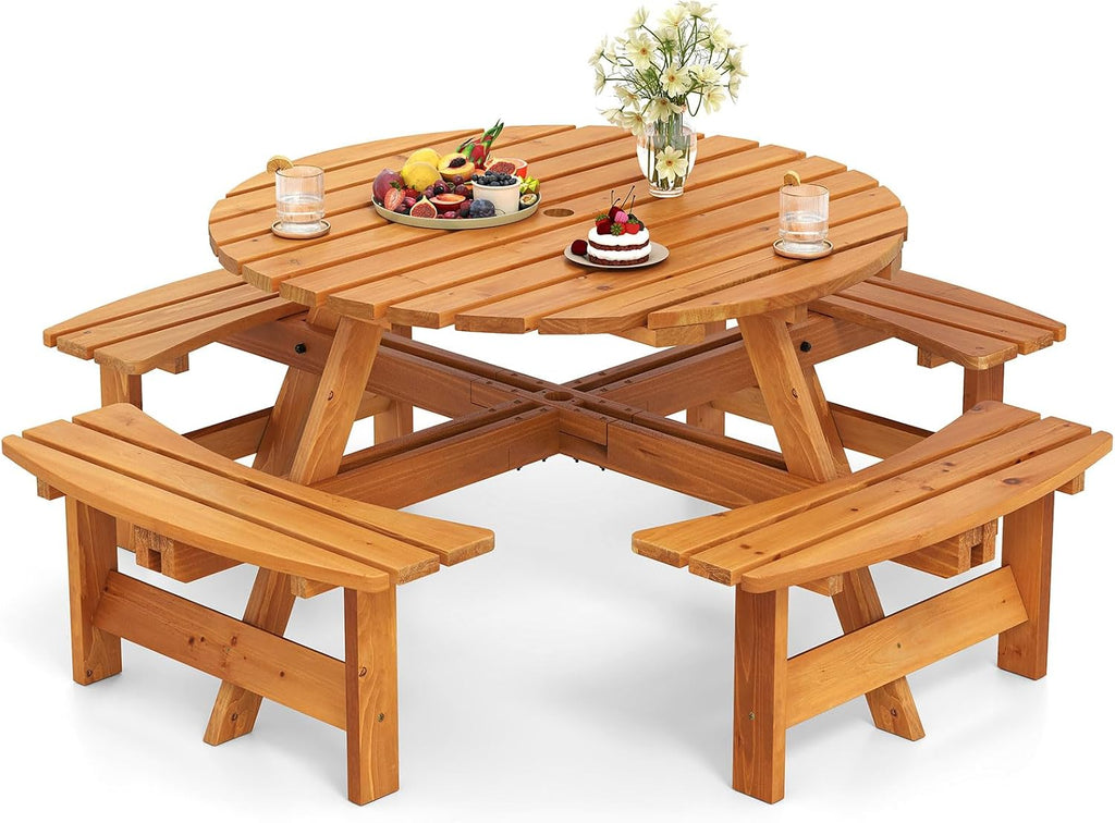 Giantex 8-Person Round Picnic Table Set with 4 Benches, 550 LBS Bench Capacity, 2' Umbrella Hole, Circular Outdoor Wood Dining Table & Chairs for Patio Yard Garden Porch Deck (71'x71'x28',Yellow)