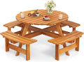 Giantex 8-Person Round Picnic Table Set with 4 Benches, 550 LBS Bench Capacity, 2' Umbrella Hole, Circular Outdoor Wood Dining Table & Chairs for Patio Yard Garden Porch Deck (71'x71'x28',Yellow)