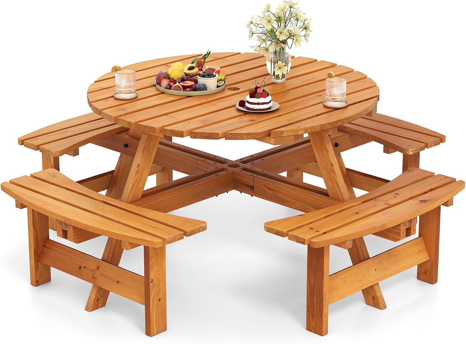 Giantex 8-Person Round Picnic Table Set with 4 Benches, 550 LBS Bench Capacity, 2' Umbrella Hole, Circular Outdoor Wood Dining Table & Chairs for Patio Yard Garden Porch Deck (71'x71'x28',Yellow)