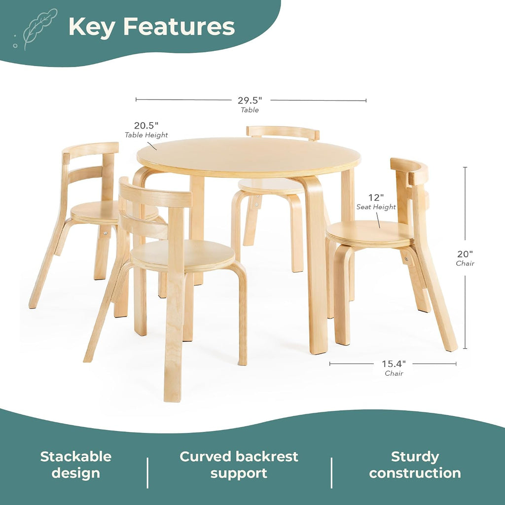 Guidecraft Nordic Table and Chair Set- Natural: Wooden Kids Table with 4 Chairs, Bentwood Classroom Activity Seating for Crafting & Reading, Kids Play Montessori Furniture for Playroom & Homeschool