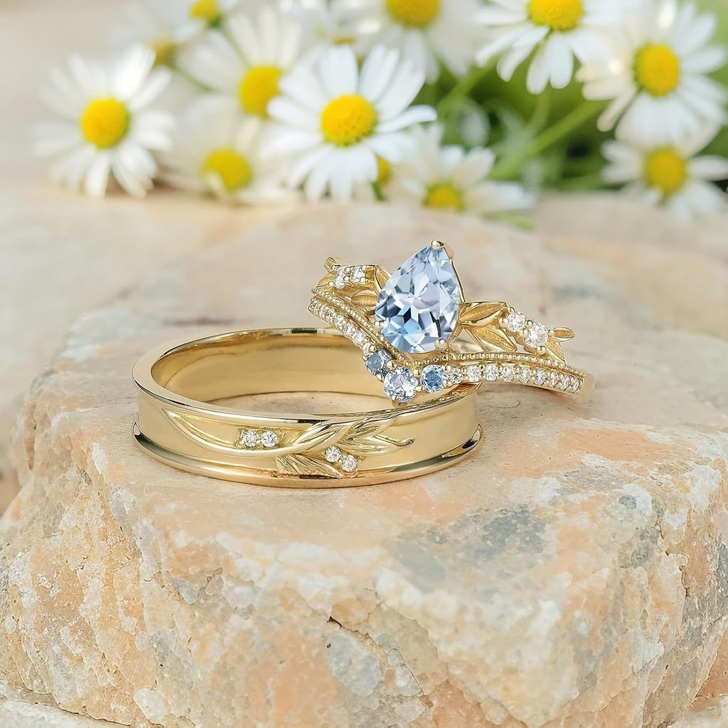 SISGEM Moissanite Couple Rings Set, 10K 14K 18K Solid Gold Moissanite Wedding Rings for Him And Her, Vintage Leaf/Branch Wedding Bands Matching Couple Rings Anniversary Jewelry Gift for Women And Men