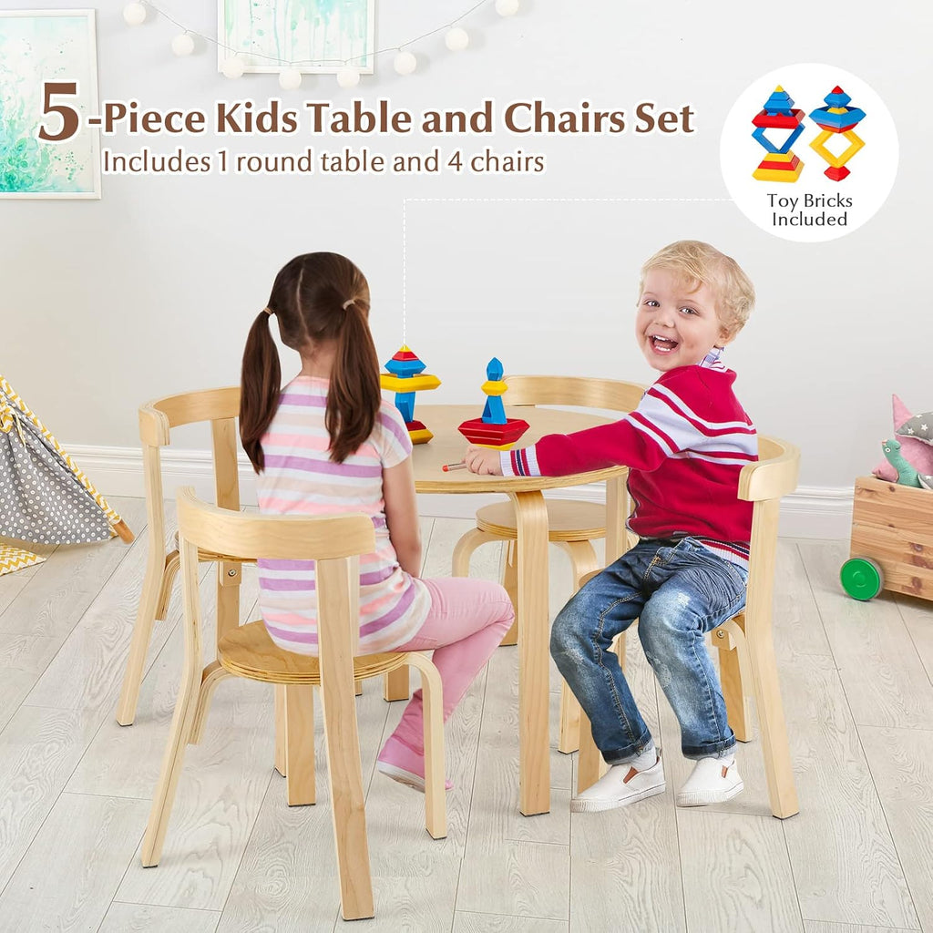 Costzon Kids Table and Chair Set, 5-Piece Wooden Activity Desk Set w/Toy Bricks, Classroom Playroom Daycare Furniture for Playing, Drawing, Reading, Bentwood Toddler Table and Chairs (Natural)