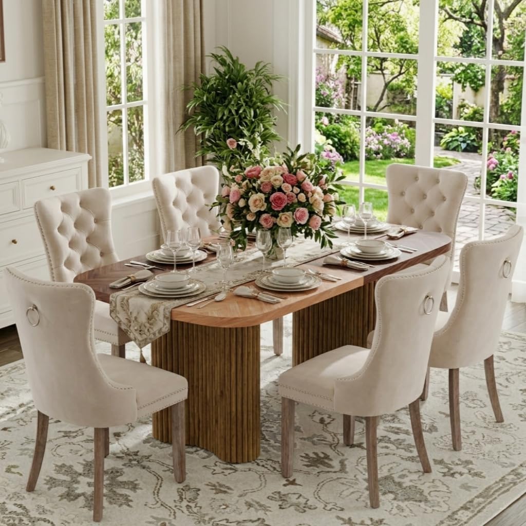79' Dining Room Table Set for 6,Large Dining Table Set for 6 with Velvet Chairs,Rectangular Modern Mid-Century Wood Dining Room Table Set for 6,Ideal for Dining & Gatherings