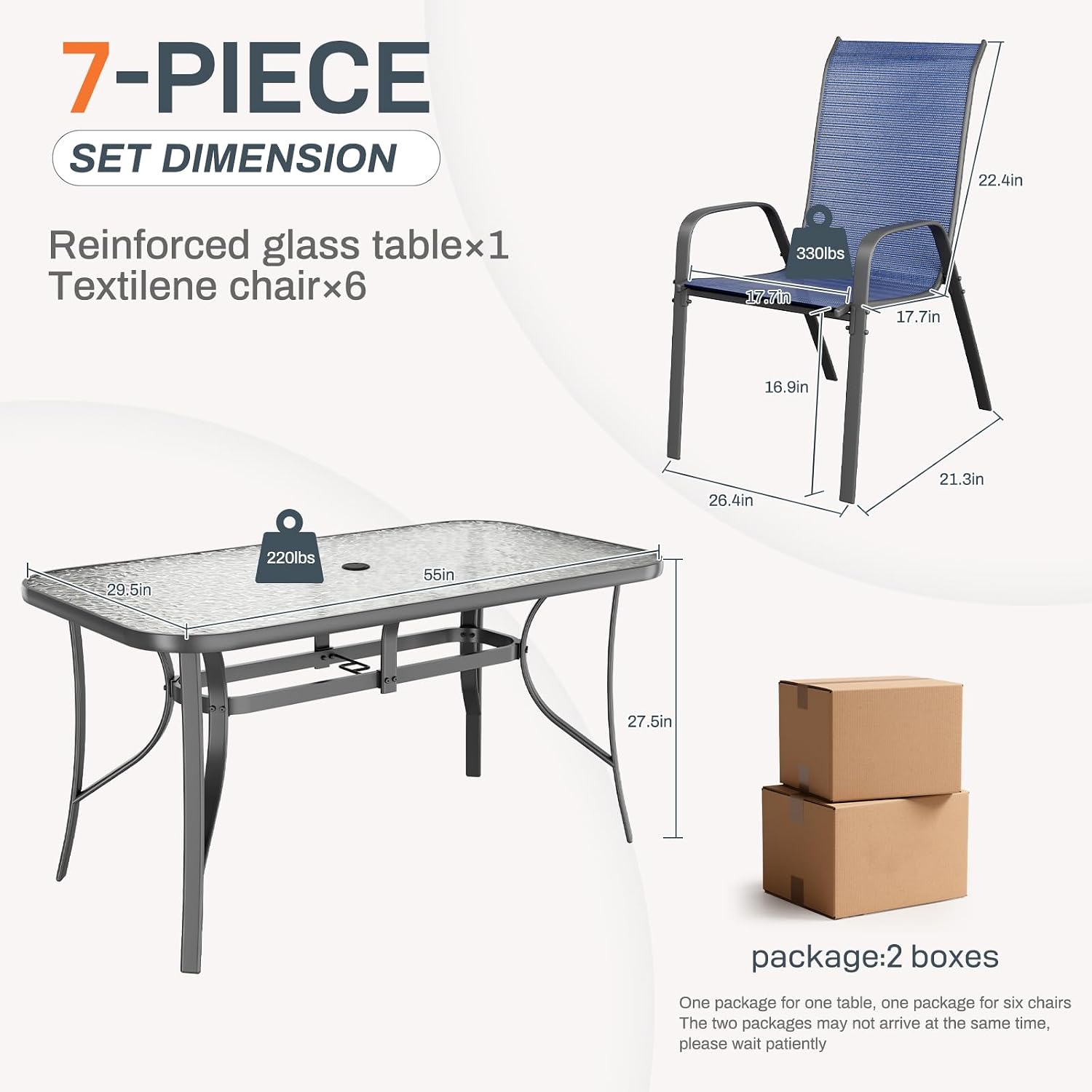 TLSUNNY 7 Pieces Patio Dining Set, Outdoor Table and Chairs W/1.69″ Umbrella Hole, 30'X 55' Table and Stackable Textilene Chair, All Weather Patio Furniture Set (Umbrella not Included) (Navy Blue)