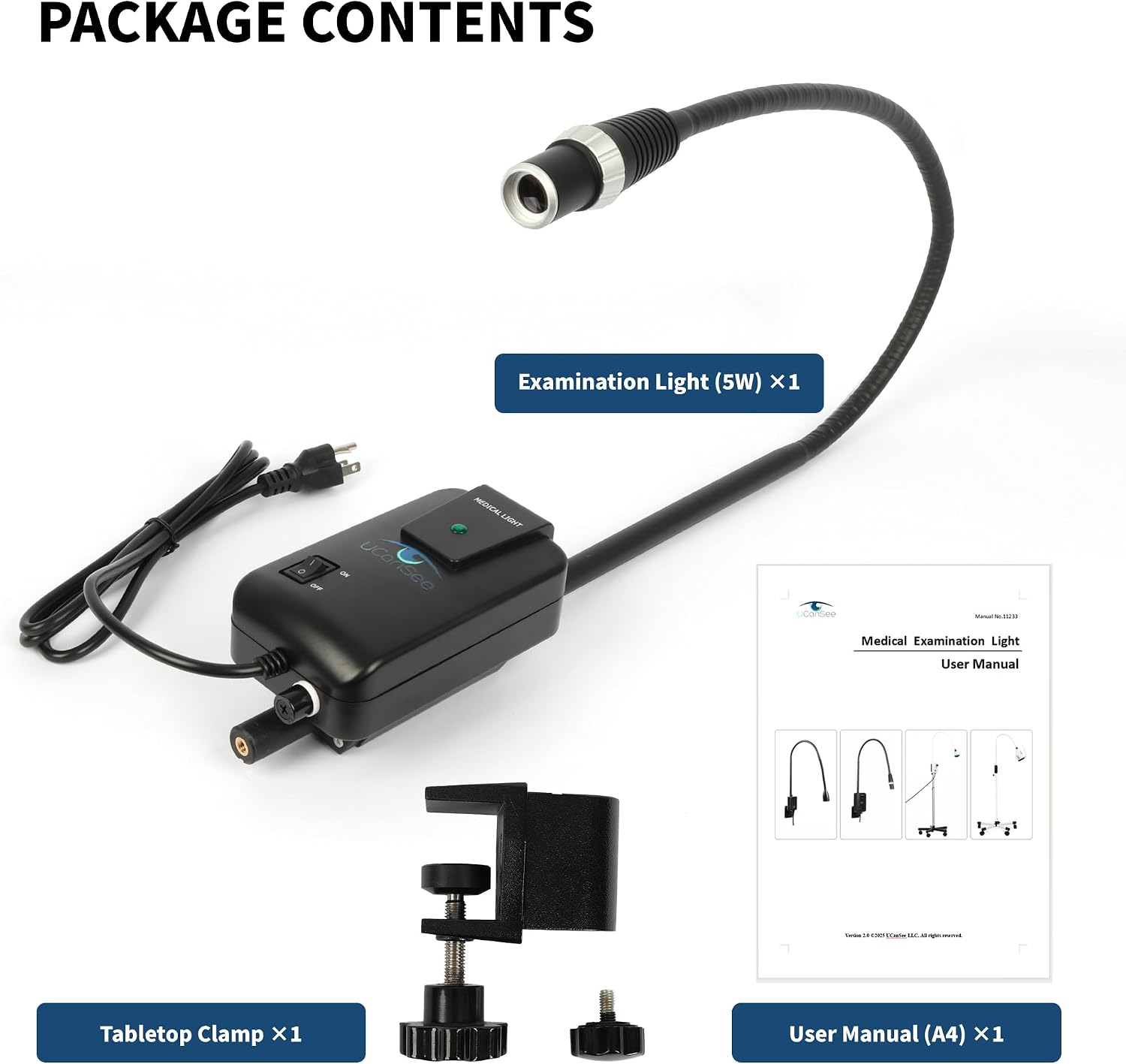 Medical Examination Light, 5W LED Procedure Light with Flexible Arm, Adjustable Spot Size, for Medical Clinic & Industrial Use