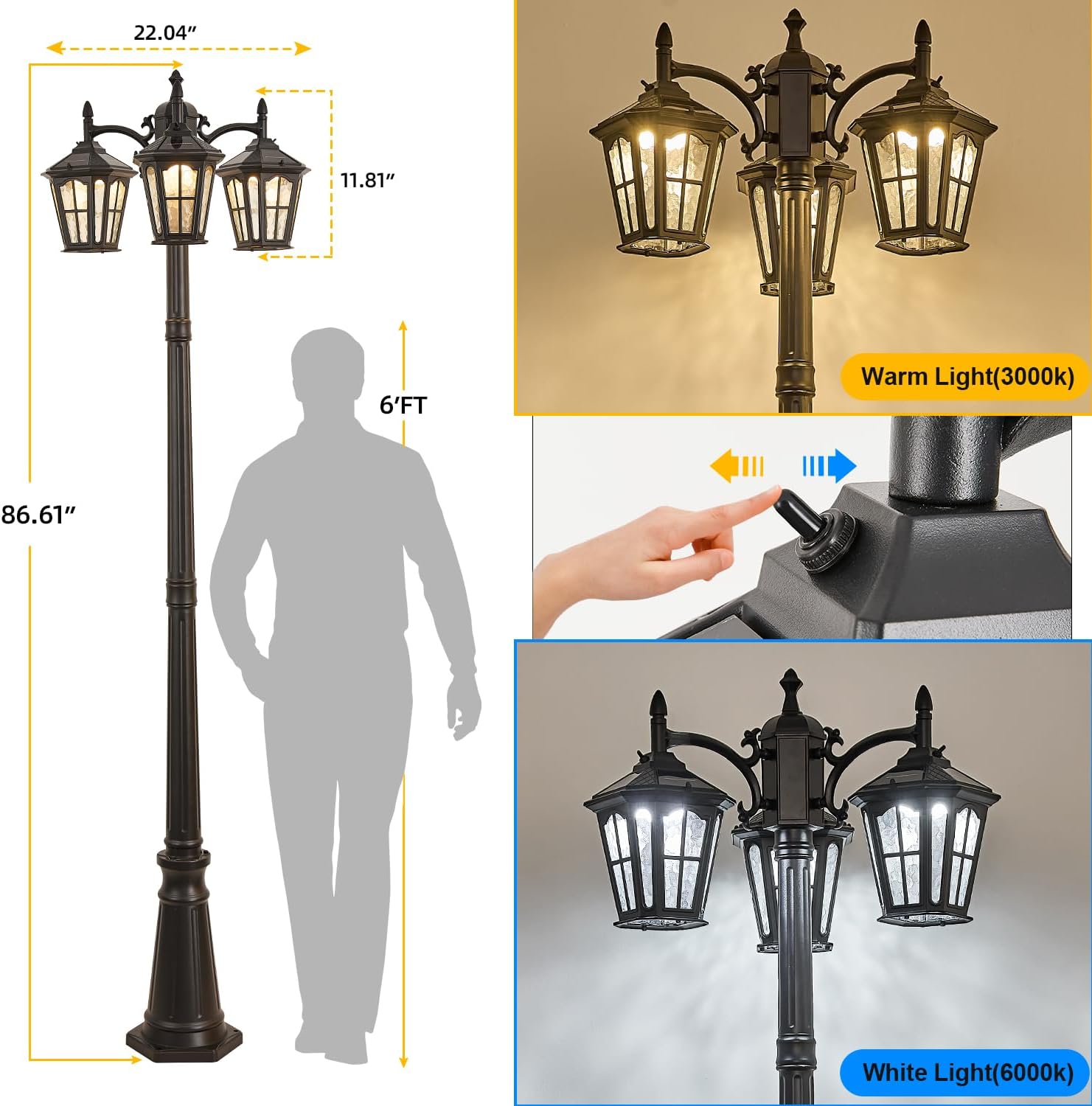 3-Head Solar Outdoor Street Light with Dusk to Dawn Sensor, Aluminum Exterior Pole Light with Water Ripple Glass, Classic Waterproof Black Solar Lamp Post Lights for Backyard, Garden, Driveway