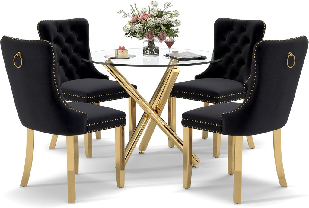 5 Pieces Gold Round Glass Dining Table Set, Modern Luxury Circle Kitchen Set for 4, 36'' Clear Minimalist Circular Glass Top Dinner Room Set, Black High-end Tufted Chairs, for Small Place