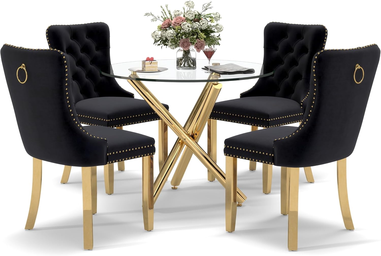 5 Pieces Gold Round Glass Dining Table Set, Modern Luxury Circle Kitchen Set for 4, 36'' Clear Minimalist Circular Glass Top Dinner Room Set, Black High-end Tufted Chairs, for Small Place