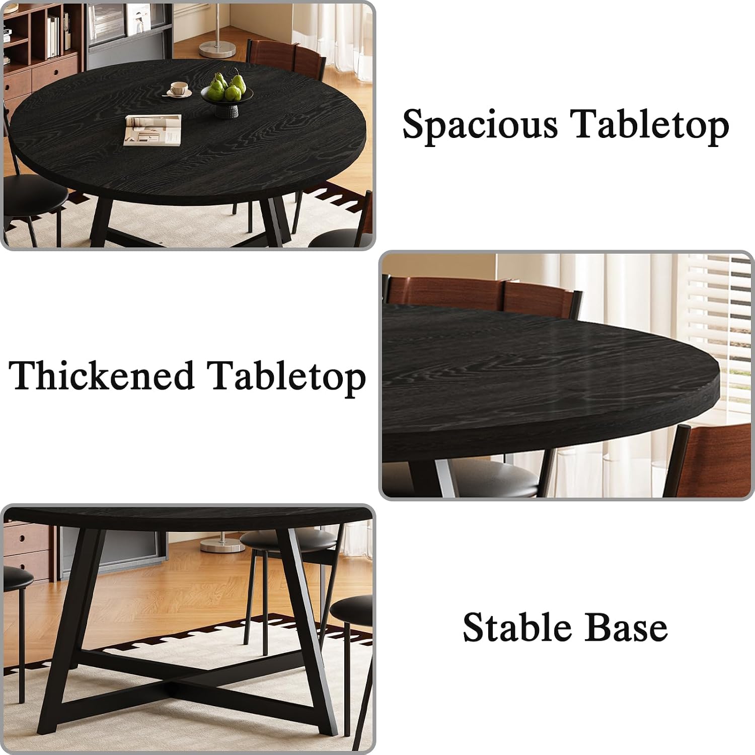 Large Round Dining Table for 6-8, Wooden Dinner Table with Heavy Duty Metal Pedestal Base, for Kitchen Living Room, Space Saving, 59 Inch, Black
