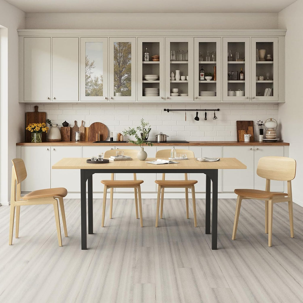 Extendable Dining Table, Rectangle Kitchen Table for 4-8 People, Modern Wooden Dinner Table with Strong Metal Legs, Space Saving Expandable Dining Room Table for Restaurant, Conference, Natural