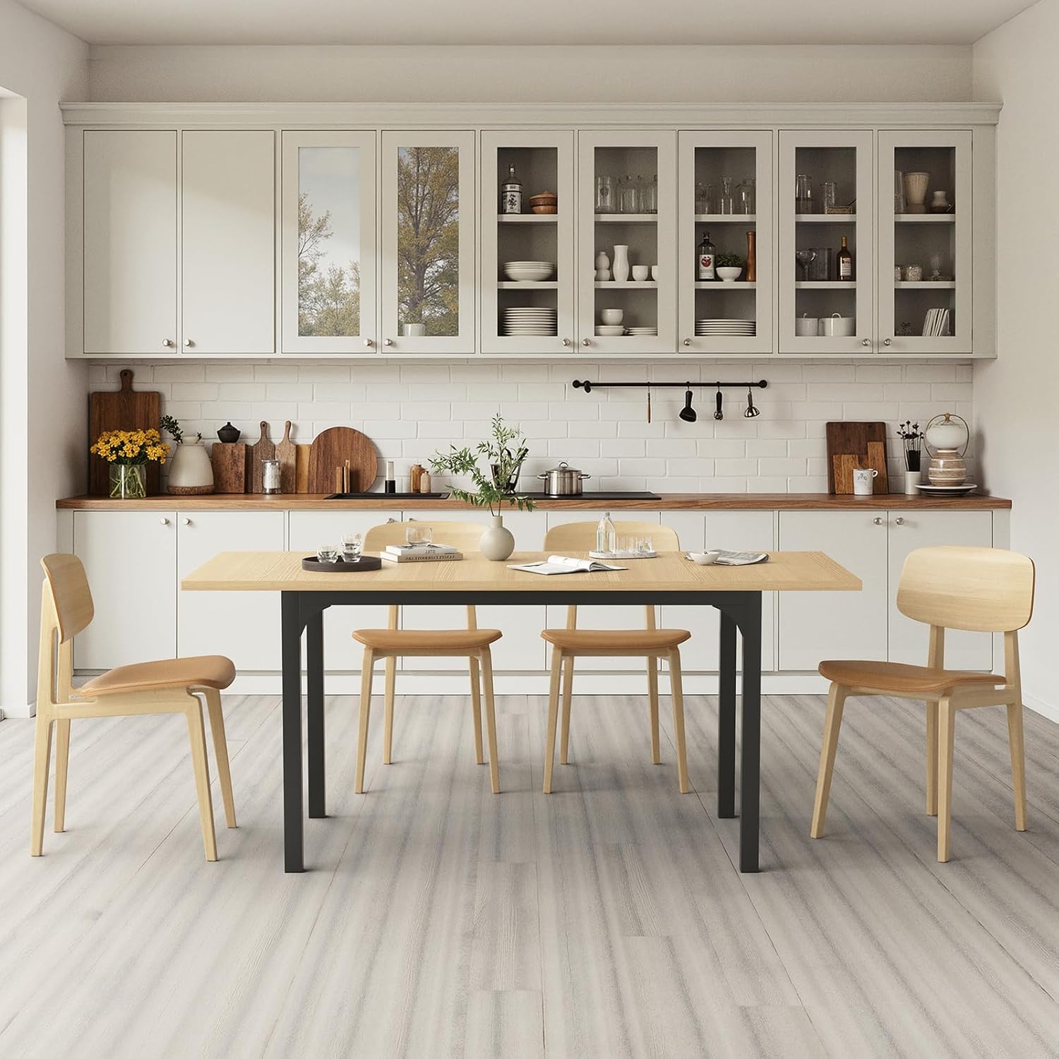 Extendable Dining Table, Rectangle Kitchen Table for 4-8 People, Modern Wooden Dinner Table with Strong Metal Legs, Space Saving Expandable Dining Room Table for Restaurant, Conference, Natural