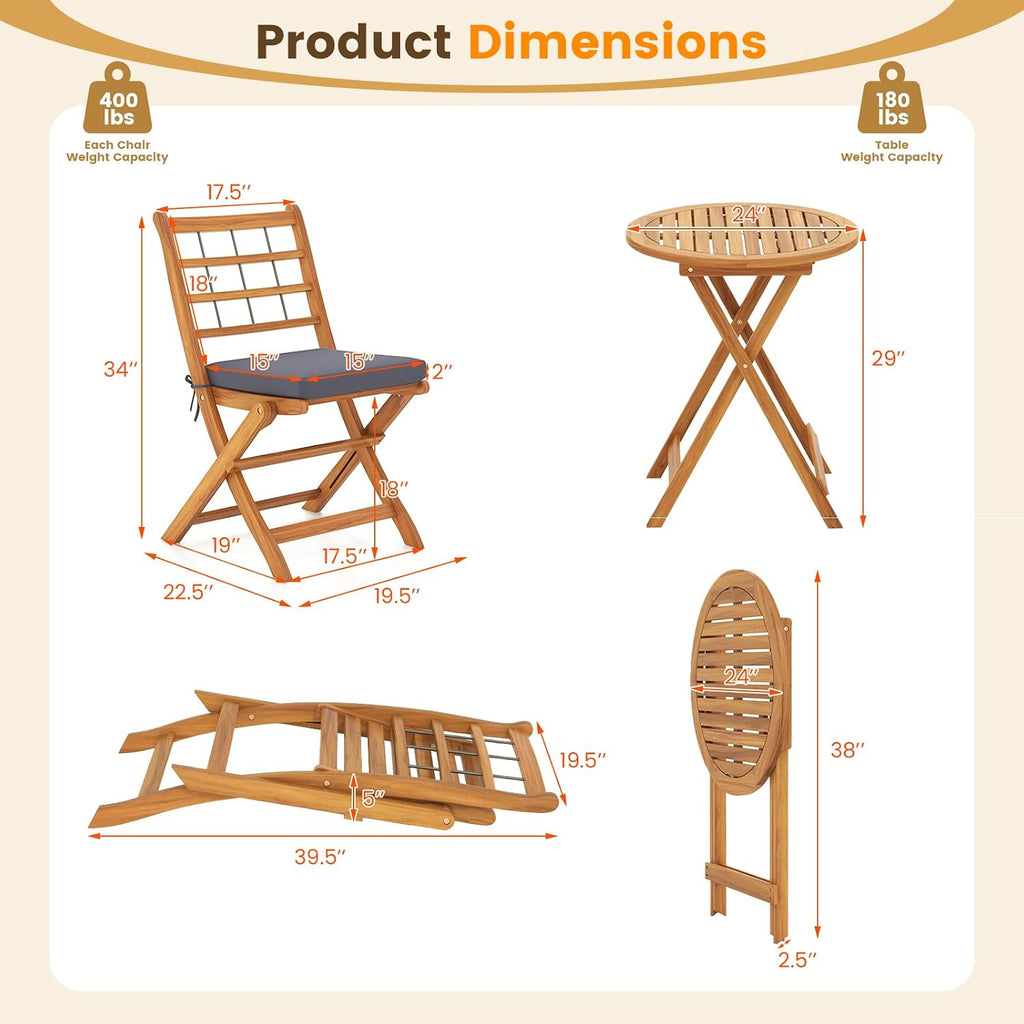 Tangkula 3 Piece Patio Wood Bistro Set, Folding Table Chair Set w/Soft Seat Cushions, Acacia Wood Frame, High-Back Portable Chairs w/Table for Backyard, Poolside (Grey)