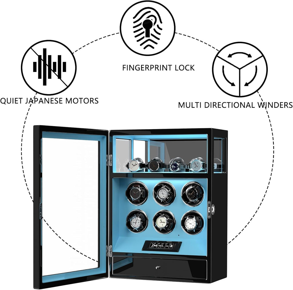 DUKWIN Watch Winder, Fingerprint Lock Automatic Watch Winder for 3/6/9 Watches with 4 Holders,300-2300 TPD,Digital Display, Remote Control,Jewelry Storage and Adjustable Watch Pillow and LED Light