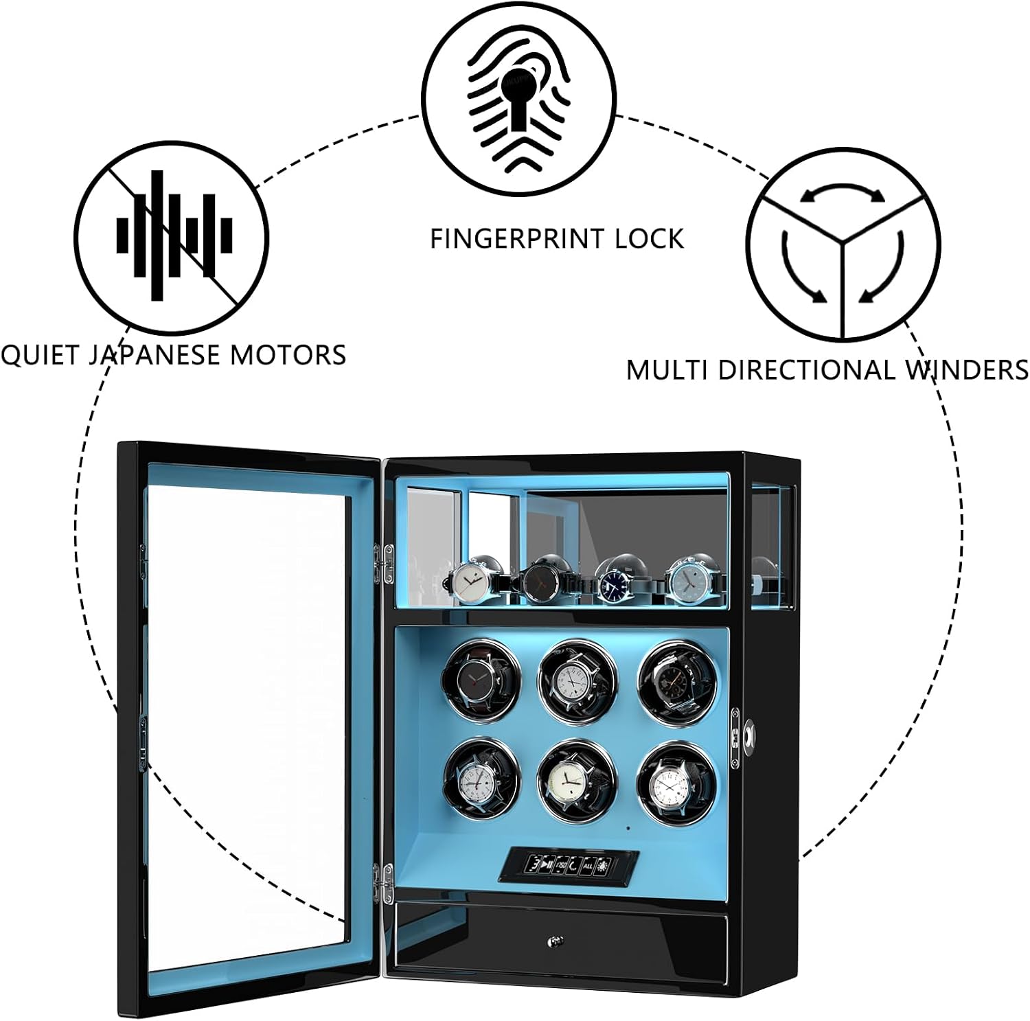 DUKWIN Watch Winder, Fingerprint Lock Automatic Watch Winder for 3/6/9 Watches with 4 Holders,300-2300 TPD,Digital Display, Remote Control,Jewelry Storage and Adjustable Watch Pillow and LED Light