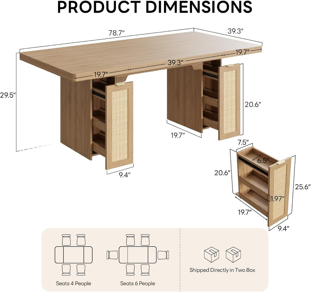 LIKIMIO 78.7' Farmhouse Dining Table for 6-8 People, Extra Thick Wood Top with 2 Hidden Adjustable Storage Drawers, Modern Woven Rattan Table for Dining Room, Kitchen, Living Room, Rustic White