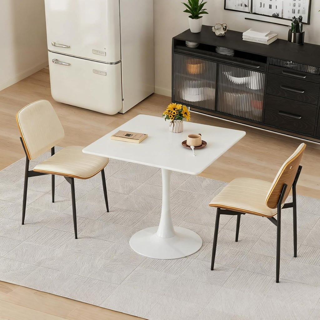 Square Dining Table, 31.5' Tulip Table with Thickened Tabletop & Metal Pedestal, Mid Century Modern Bistro Table for Kitchen, Small Places, Living Room, Cafe (White)