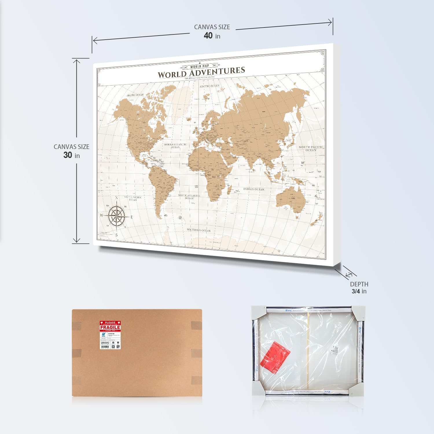 IPIC - Vintage World Map Pin Board Canvas Wall Art, Travel Map with Pins Included, Ready to Hang for Home or Office, 40x30 Inch