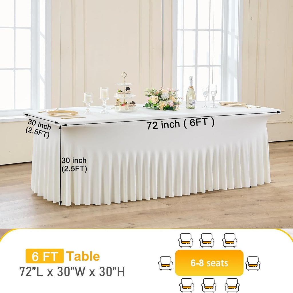 CO-AVE 8pack Ivory Spandex Tablecloths 6ft for Rectangle Tables, Wrinkle Free Classy Table Skirt Stretchy 6 Foot Fitted Table Cloths Covers for Weddings Birthday Party Events Banquette Baby Shower