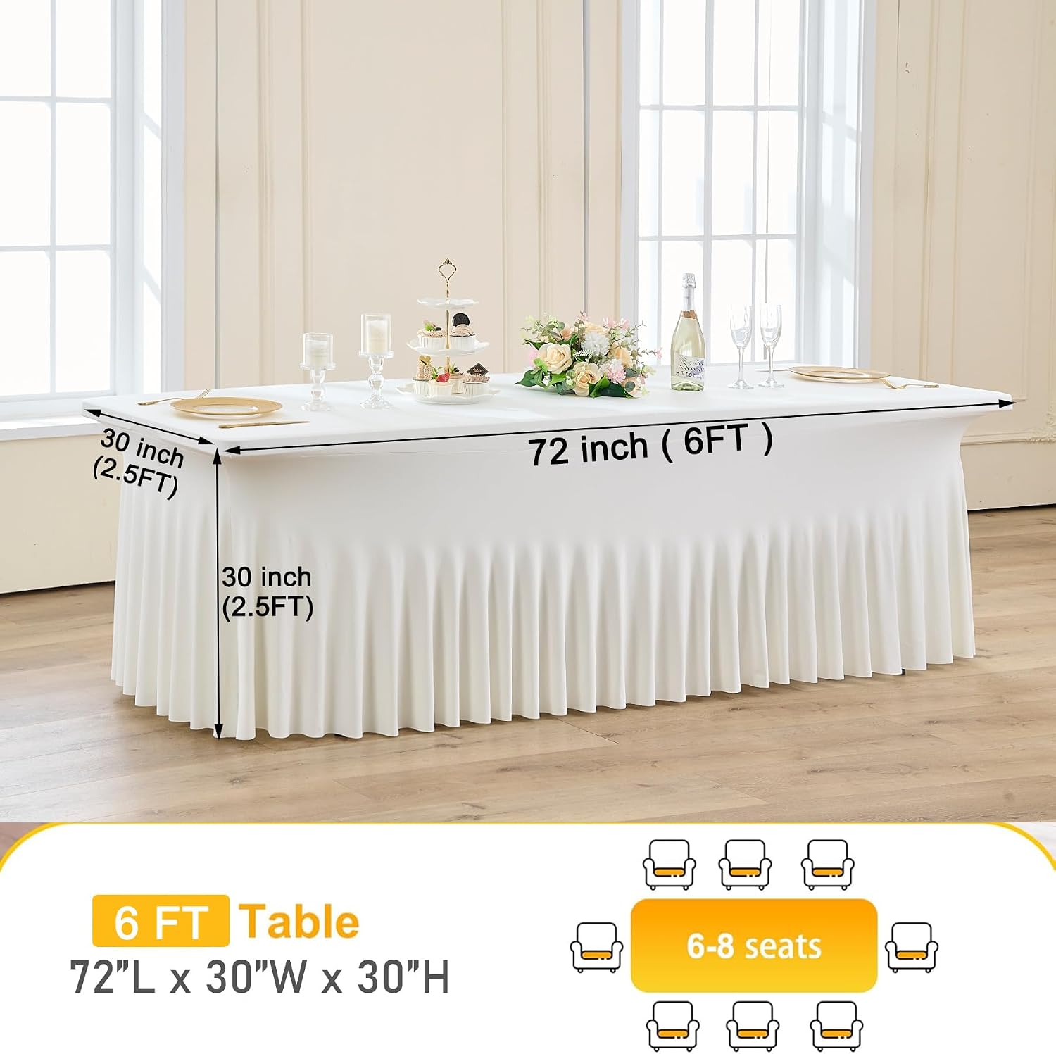 CO-AVE 8pack Ivory Spandex Tablecloths 6ft for Rectangle Tables, Wrinkle Free Classy Table Skirt Stretchy 6 Foot Fitted Table Cloths Covers for Weddings Birthday Party Events Banquette Baby Shower