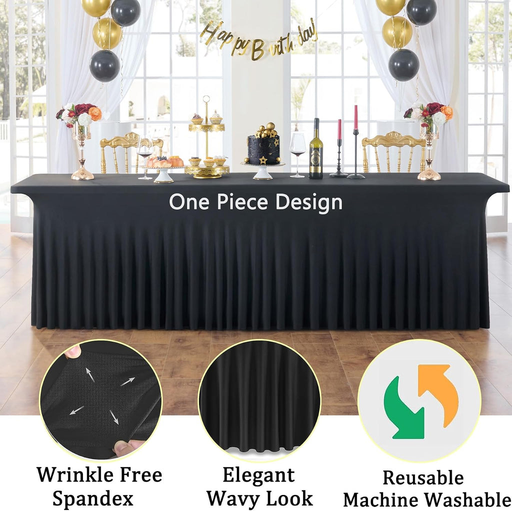 6pk Black 8ft Spandex Tablecloths for Rectangle Tables, Wrinkle Free Wavy Black Table Skirt Stretchy Fitted Table Cloth Covers 8 Foot for Weddings Birthday Party Events Banquette Baby Shower