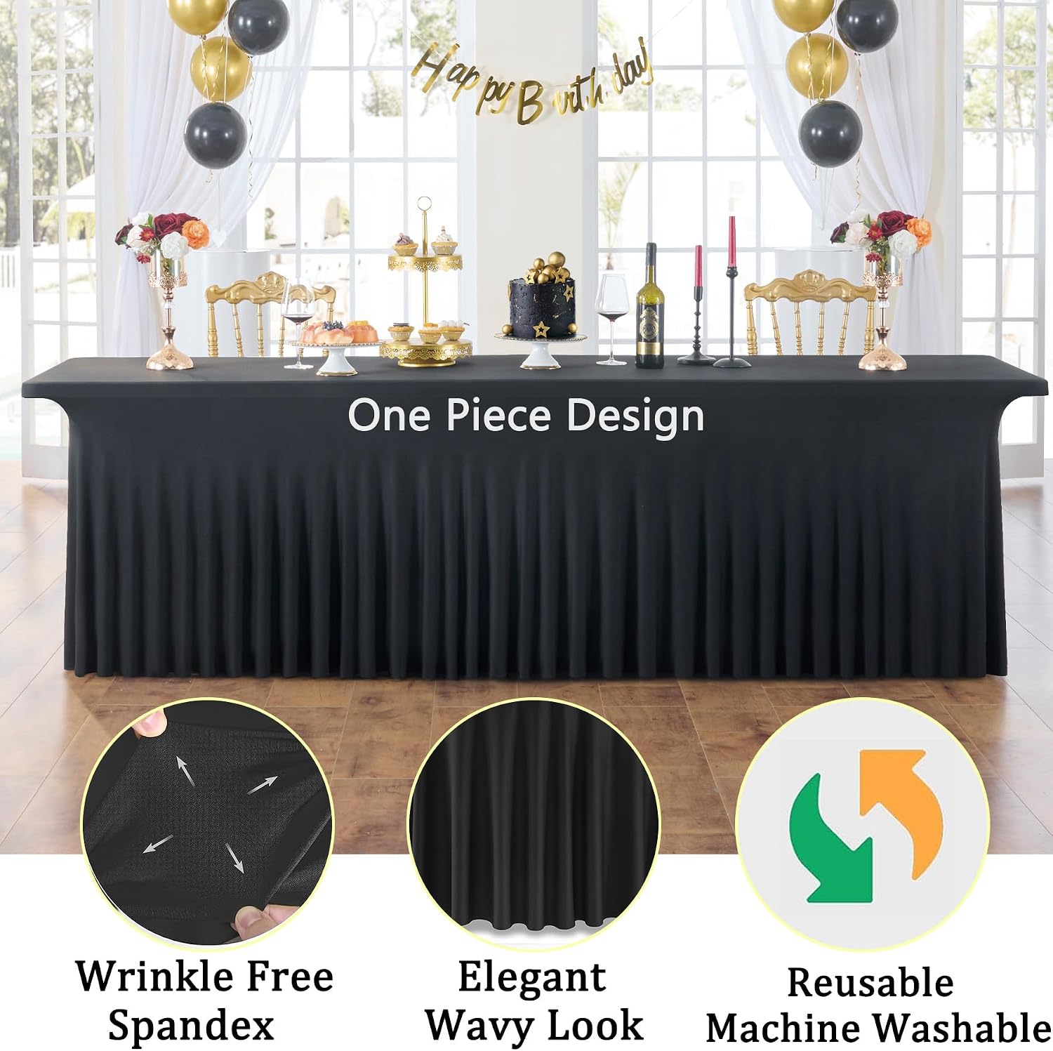 6pk Black 8ft Spandex Tablecloths for Rectangle Tables, Wrinkle Free Wavy Black Table Skirt Stretchy Fitted Table Cloth Covers 8 Foot for Weddings Birthday Party Events Banquette Baby Shower
