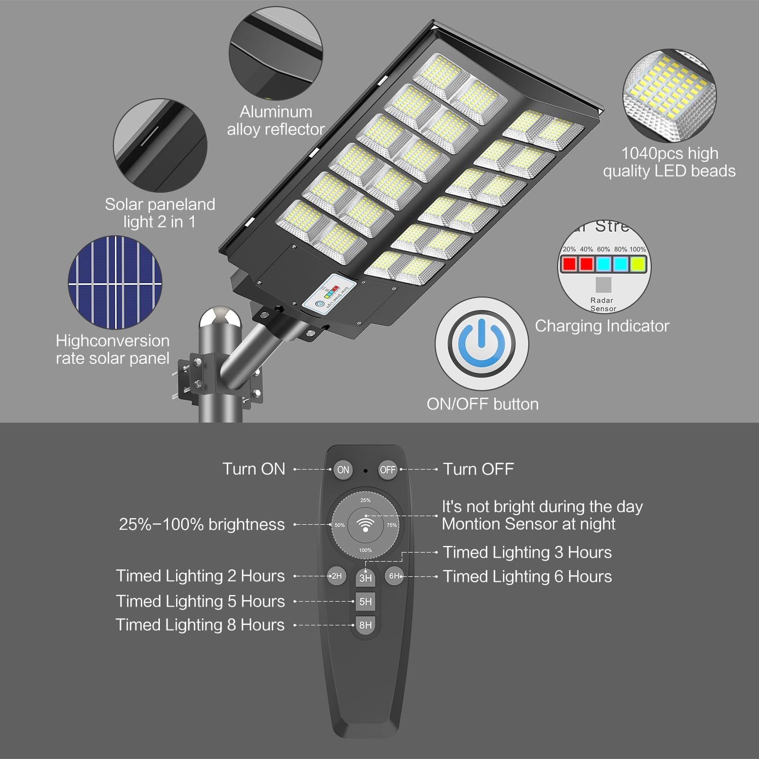 Deepn 8000W Solar Street Light, 480000 Lumens Dusk to Dawn LED Flood Lights Outdoor Motion Sensor, IP66 Waterproof Commercial Grade Solar Outdoor Lights with Remote Control for Parking Lot, 2 Pack