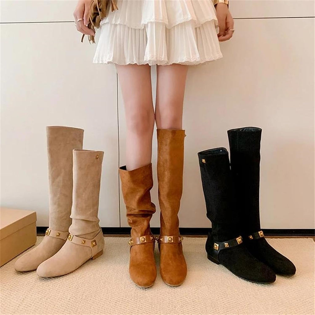 Women's Round Toe Suede Knee High Boots Low Heel Metal Rivet Belt Buckle Fall Winter Fashion Shoes